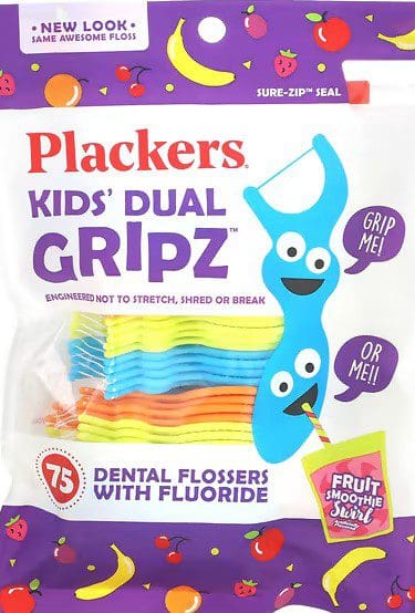 Plackers – Kids’ Dual Gripz – 75 Dental Flossers With Fluoride – Fruit Smoothie Swirl